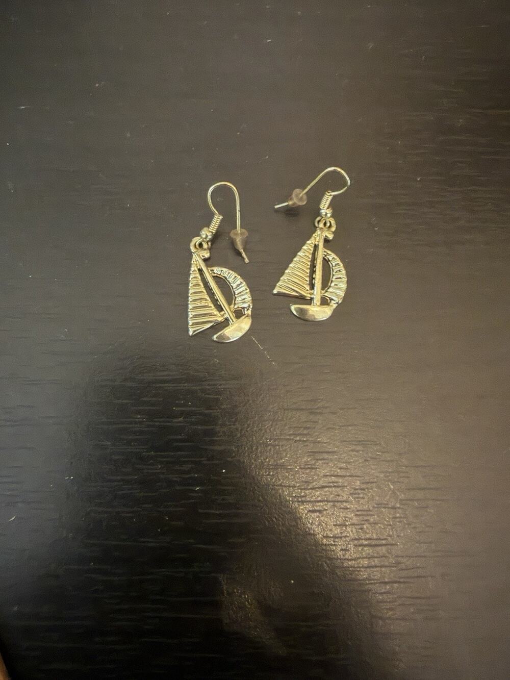 Vintage Gold Tone Sail Boat Dangle Earrings Nautical Beach Vacation